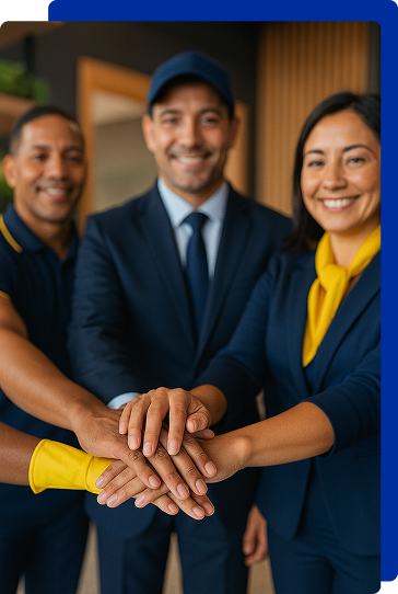 Equipe diversificada da Central Terceirizações com as mãos unidas em um gesto de união e comprometimento. A equipe inclui profissionais de limpeza, supervisão e recepção.