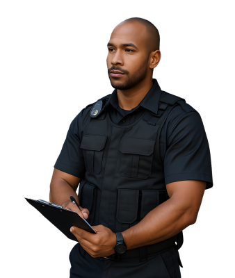 Agente de segurança da Central Terceirizações em uniforme tático com colete, realizando anotações em uma prancheta durante uma ronda de vigilância.