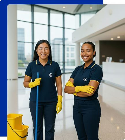 Duas profissionais da equipe de limpeza da Central Terceirizações sorrindo em um lobby de escritório moderno. Ambas estão uniformizadas e uma delas segura um mop.