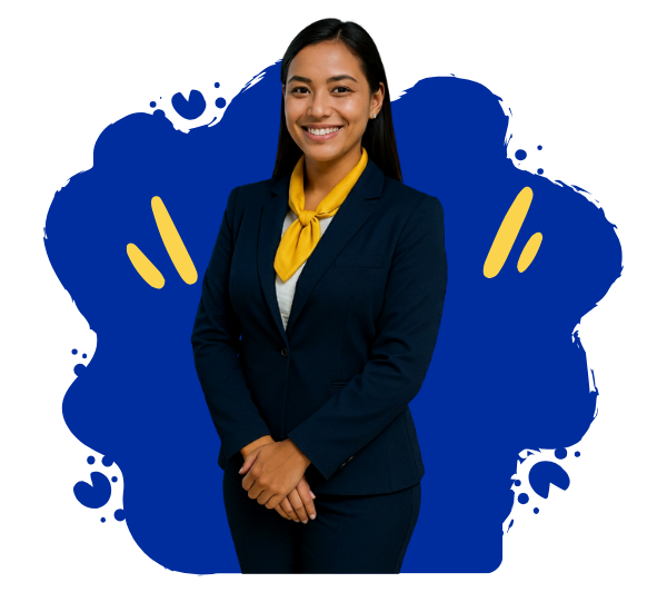 Retrato de Camila, Gerente Administrativa da Central Terceirizações. Ela está sorrindo, com uniforme profissional composto por blazer e lenço amarelo.