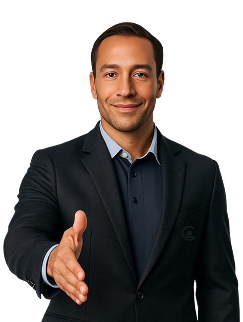 proposta Consultor comercial da Central Terceirizações estendendo a mão para um aperto de mão, convidando o cliente a solicitar uma proposta de serviços.